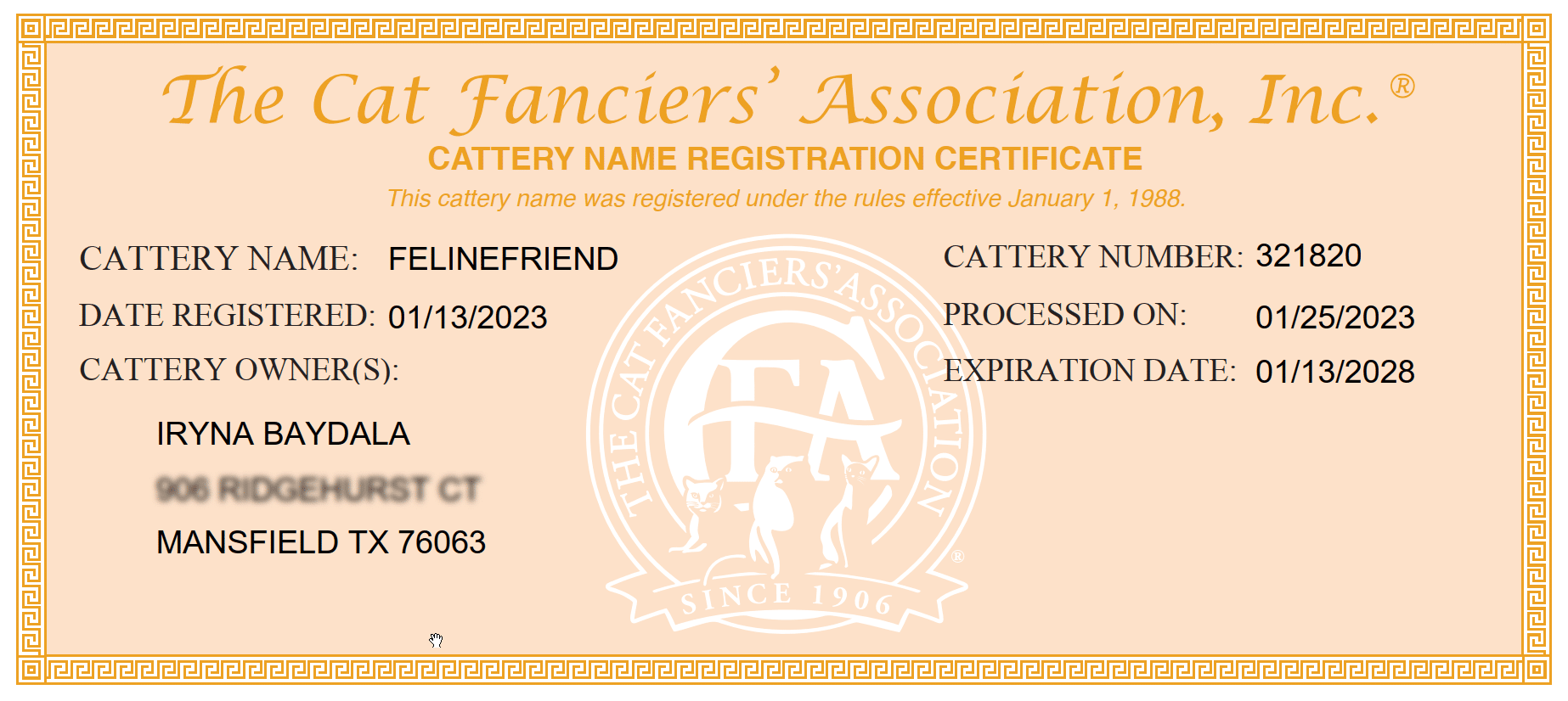CFA Registered Breeder certificate